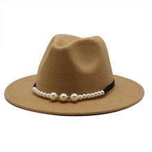 Load image into Gallery viewer, F4038 Women's Autumn and Winter Woolen Fedora Hat British Classic Flat-Brimmed Cap European and American Broad-Brimmed Hat Fashion Top Hat Pearl Bow