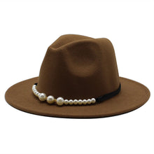 Load image into Gallery viewer, F4038 Women's Autumn and Winter Woolen Fedora Hat British Classic Flat-Brimmed Cap European and American Broad-Brimmed Hat Fashion Top Hat Pearl Bow