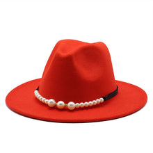 Load image into Gallery viewer, F4038 Women's Autumn and Winter Woolen Fedora Hat British Classic Flat-Brimmed Cap European and American Broad-Brimmed Hat Fashion Top Hat Pearl Bow