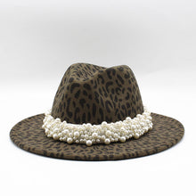 Load image into Gallery viewer, F4035 Popular Woolen Leopard Print Hat Pearl Flat Brim Broad-Brimmed Hat Couple Hat Fedora Hat Spot