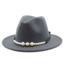 Load image into Gallery viewer, F4038 Women's Autumn and Winter Woolen Fedora Hat British Classic Flat-Brimmed Cap European and American Broad-Brimmed Hat Fashion Top Hat Pearl Bow