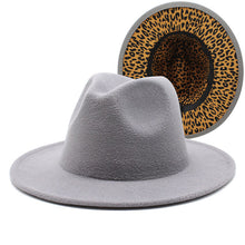 Load image into Gallery viewer, F4036 Thickened Men's and Women's Top Hat Two-Color Leopard Print Inside Jazz Fedora Hat Large Brim Double-Sided Woolen Leopard Print Lining Felt Cap