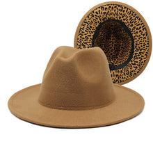 Load image into Gallery viewer, F4036 Thickened Men's and Women's Top Hat Two-Color Leopard Print Inside Jazz Fedora Hat Large Brim Double-Sided Woolen Leopard Print Lining Felt Cap