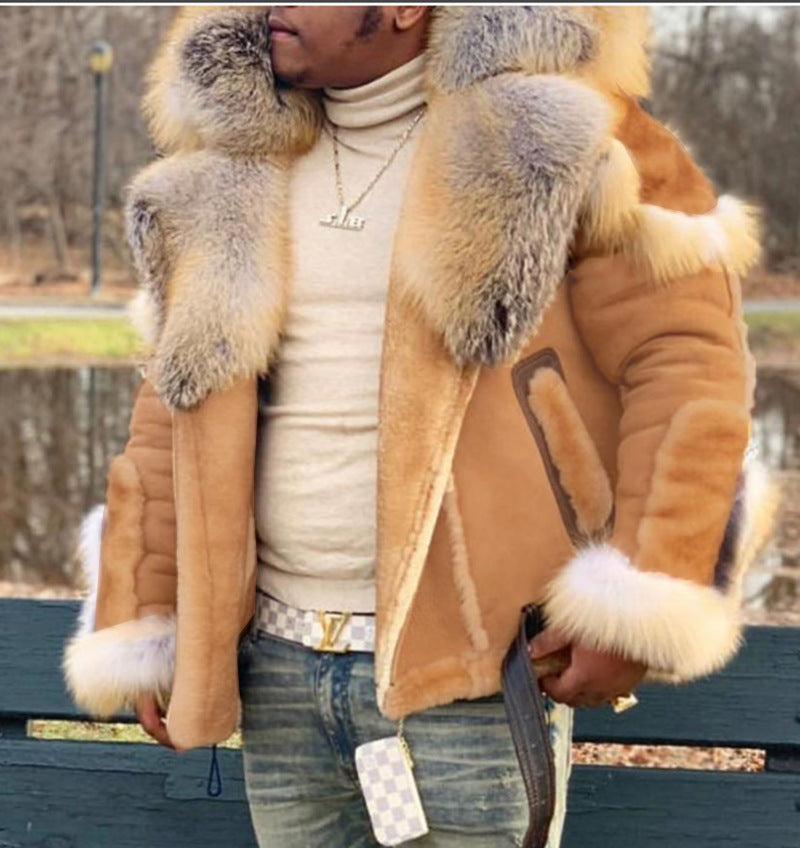 F5200 Material Upgrade Thickened Domestic Wearable Quality Men's Faux Fur Fur Integrated Big Fur Collar Long Sleeve Coat 6516