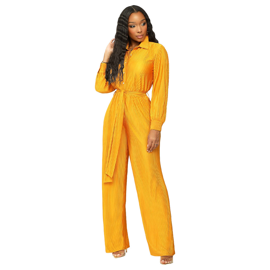 F5204 Long Sleeve Wide Leg Jumpsuit Containing Belt