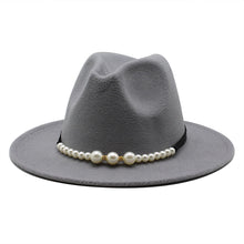 Load image into Gallery viewer, F4038 Women&#39;s Autumn and Winter Woolen Fedora Hat British Classic Flat-Brimmed Cap European and American Broad-Brimmed Hat Fashion Top Hat Pearl Bow
