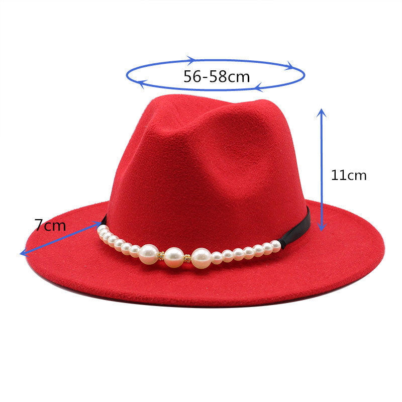 F4038 Women's Autumn and Winter Woolen Fedora Hat British Classic Flat-Brimmed Cap European and American Broad-Brimmed Hat Fashion Top Hat Pearl Bow