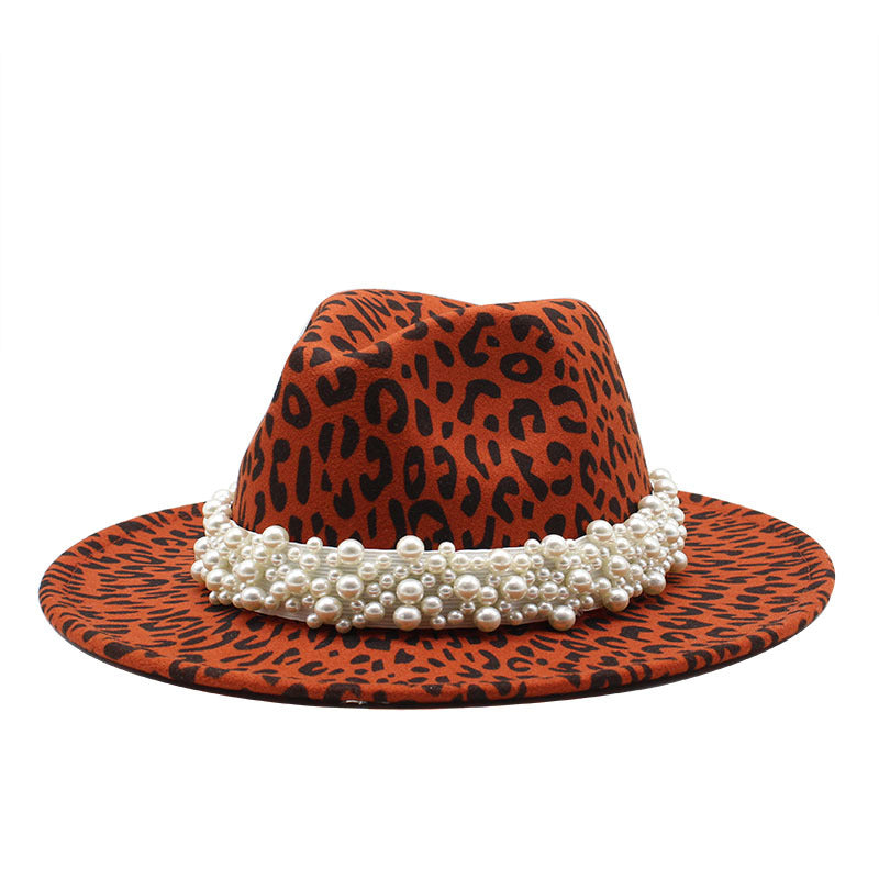 F4035 Popular Woolen Leopard Print Hat Pearl Flat Brim Broad-Brimmed Hat Couple Hat Fedora Hat Spot