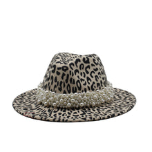 Load image into Gallery viewer, F4035 Popular Woolen Leopard Print Hat Pearl Flat Brim Broad-Brimmed Hat Couple Hat Fedora Hat Spot
