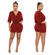 Load image into Gallery viewer, F5078 New Solid Color and V-neck Fitted Waist Jumpsuit Fashion Casual Shorts

