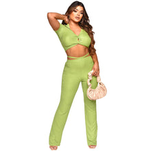 Load image into Gallery viewer, F5043 European and American Foreign Trade Women's Clothing Amazon Sunken Stripe Solid Color Sexy V-neck Midriff-Baring Top Laced Pants Suit for Women
