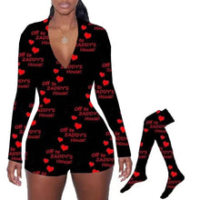 Load image into Gallery viewer, F5086 European and American Ladies Home Sexy V-neck Printed Long-Sleeved One-Piece Shorts Casual Jumpsuit Women plus Socks
