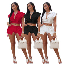 Load image into Gallery viewer, F5070 Women's Button Lapel Sleeveless Top and Shorts Two-Piece Set Solid Color Elastic Casual
