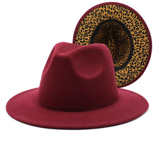 Load image into Gallery viewer, F4036 Thickened Men&#39;s and Women&#39;s Top Hat Two-Color Leopard Print  Inside  Jazz Fedora Hat Large Brim Double-Sided Woolen Leopard Print Lining Felt Cap
