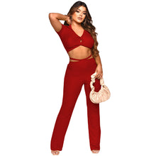 Load image into Gallery viewer, F5043 European and American Foreign Trade Women's Clothing Amazon Sunken Stripe Solid Color Sexy V-neck Midriff-Baring Top Laced Pants Suit for Women
