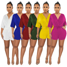 Load image into Gallery viewer, F5078 New Solid Color and V-neck Fitted Waist Jumpsuit Fashion Casual Shorts
