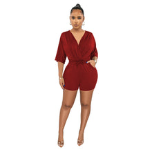 Load image into Gallery viewer, F5078 New Solid Color and V-neck Fitted Waist Jumpsuit Fashion Casual Shorts
