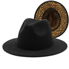 Load image into Gallery viewer, F4036 Thickened Men&#39;s and Women&#39;s Top Hat Two-Color Leopard Print  Inside  Jazz Fedora Hat Large Brim Double-Sided Woolen Leopard Print Lining Felt Cap
