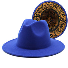 Load image into Gallery viewer, F4036 Thickened Men&#39;s and Women&#39;s Top Hat Two-Color Leopard Print  Inside  Jazz Fedora Hat Large Brim Double-Sided Woolen Leopard Print Lining Felt Cap
