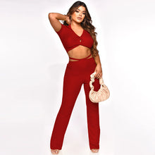 Load image into Gallery viewer, F5043 European and American Foreign Trade Women's Clothing Amazon Sunken Stripe Solid Color Sexy V-neck Midriff-Baring Top Laced Pants Suit for Women
