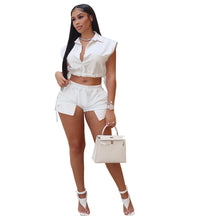 Load image into Gallery viewer, F5070 Women's Button Lapel Sleeveless Top and Shorts Two-Piece Set Solid Color Elastic Casual
