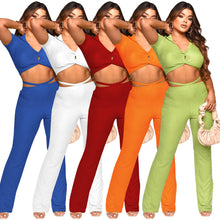 Load image into Gallery viewer, F5043 European and American Foreign Trade Women's Clothing Amazon Sunken Stripe Solid Color Sexy V-neck Midriff-Baring Top Laced Pants Suit for Women
