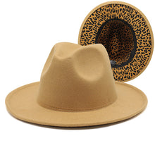 Load image into Gallery viewer, F4036 Thickened Men&#39;s and Women&#39;s Top Hat Two-Color Leopard Print  Inside  Jazz Fedora Hat Large Brim Double-Sided Woolen Leopard Print Lining Felt Cap
