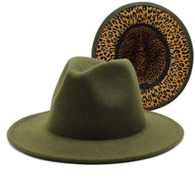 Load image into Gallery viewer, F4036 Thickened Men&#39;s and Women&#39;s Top Hat Two-Color Leopard Print  Inside  Jazz Fedora Hat Large Brim Double-Sided Woolen Leopard Print Lining Felt Cap
