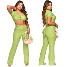 Load image into Gallery viewer, F5043 European and American Foreign Trade Women's Clothing Amazon Sunken Stripe Solid Color Sexy V-neck Midriff-Baring Top Laced Pants Suit for Women
