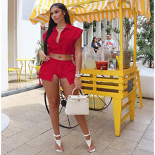 Load image into Gallery viewer, F5070 Women's Button Lapel Sleeveless Top and Shorts Two-Piece Set Solid Color Elastic Casual

